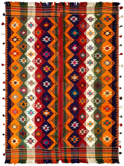 Schlafzimmer Jajim Teppich bunt mit auffälligem geometrischem Muster