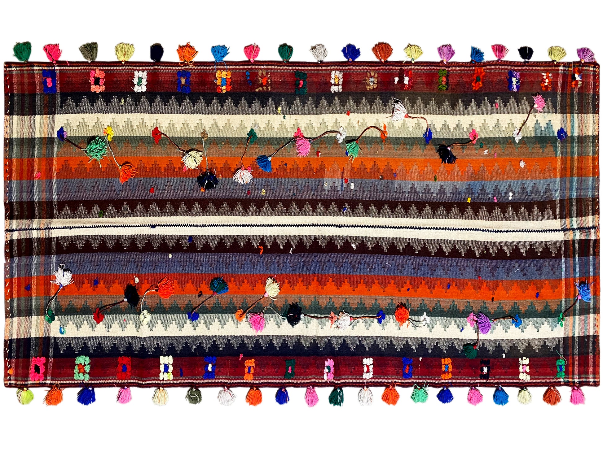 Salon handgefertigter Jajim Teppich bunt mit verspielten Troddeln und Streifenmustern