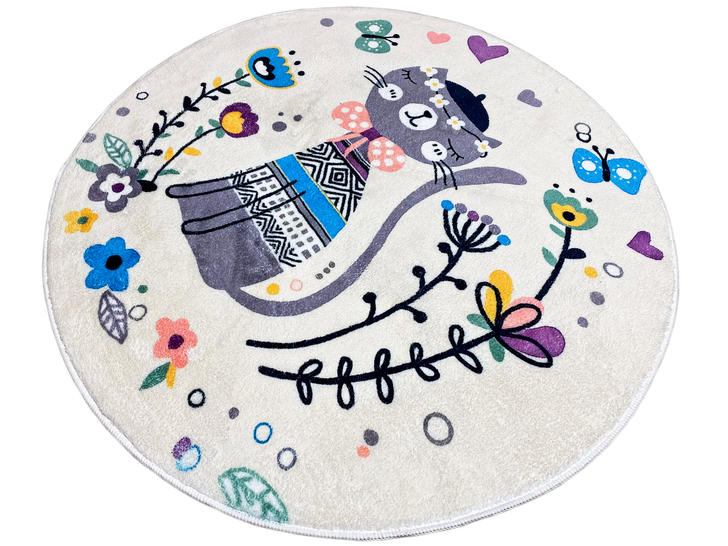 Tapis rond pour enfants Chat, blanc, 100 cm