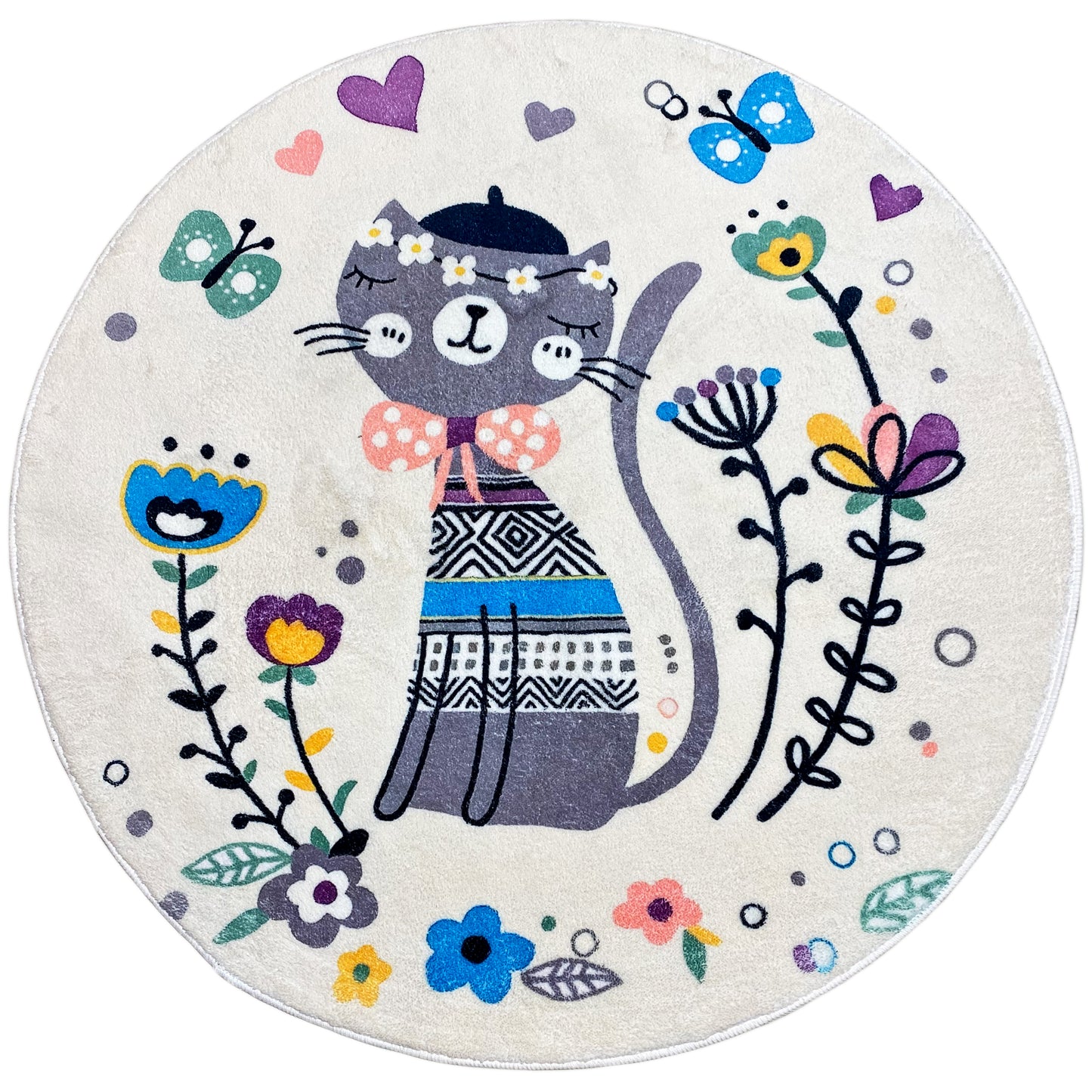 Tapis rond pour enfants Chat, blanc, 100 cm