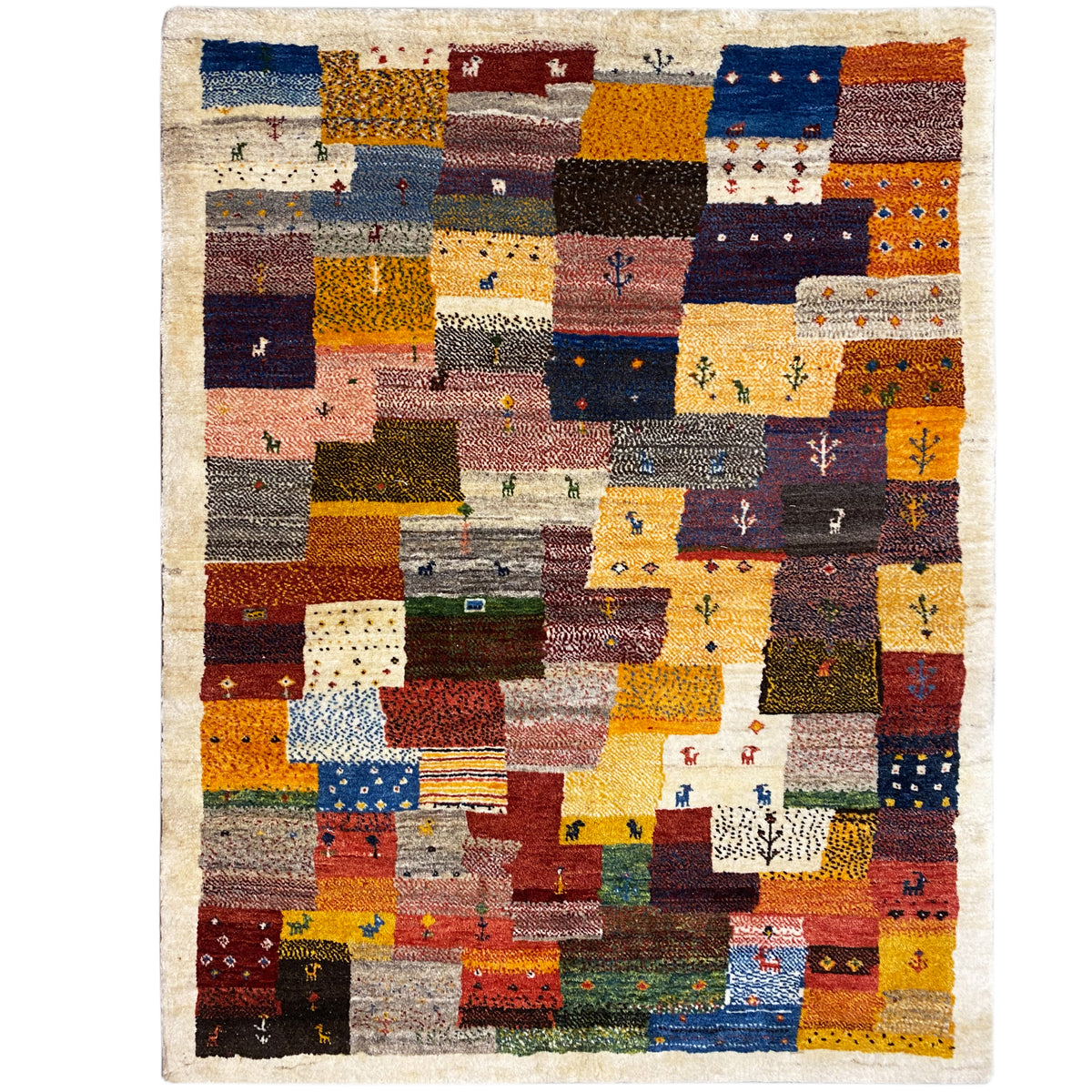 Tapis Gabbeh Luri 145x105 cm avec motif patchwork en blocs dans des tons chaleureux