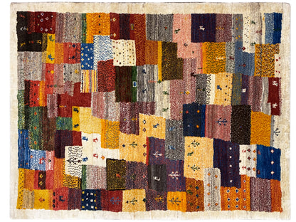Tapis Gabbeh Luri 145x105 cm avec patchwork coloré et touches claires sur le bord