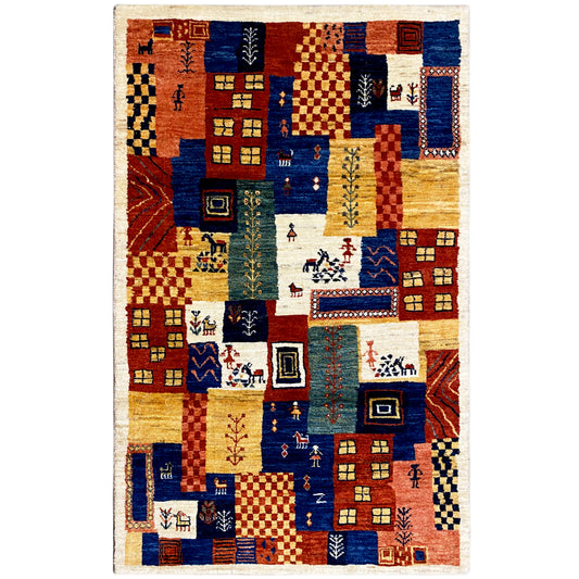 Tapis Gabbeh-Luri 158x86 cm au design patchwork bleu, rouge et ocre