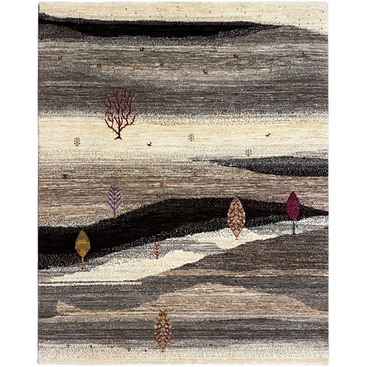 Tapis Gabbeh-Luri à motif rayé en brun foncé, gris et crème