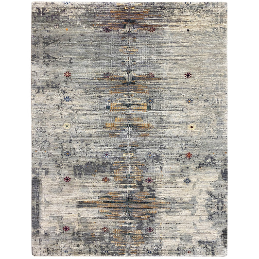 Tapis Gabbeh-Luri : tissage plat gris clair avec des touches de motifs colorés