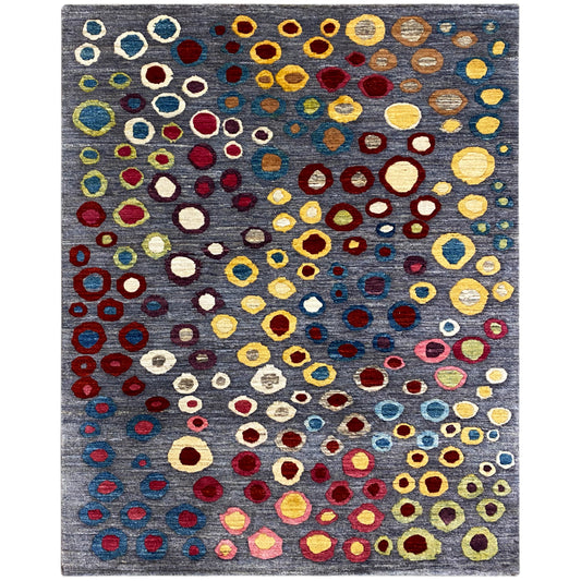 Tapis Gabbeh-Luri à fond gris, orné de motifs circulaires et ovales multicolores, 205x147 cm