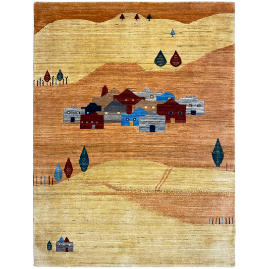 Tapis Gabbeh-Luri à motifs géométriques en marron, beige, bleu et rouge, rectangulaire