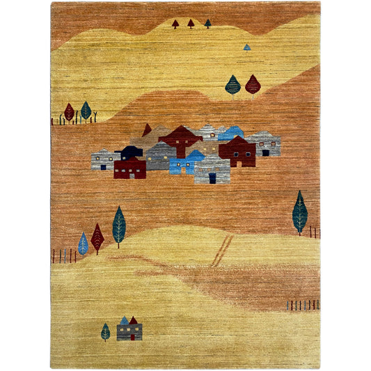 Tapis à motif de maisons et d’arbres en jaune, marron, bleu et rouge