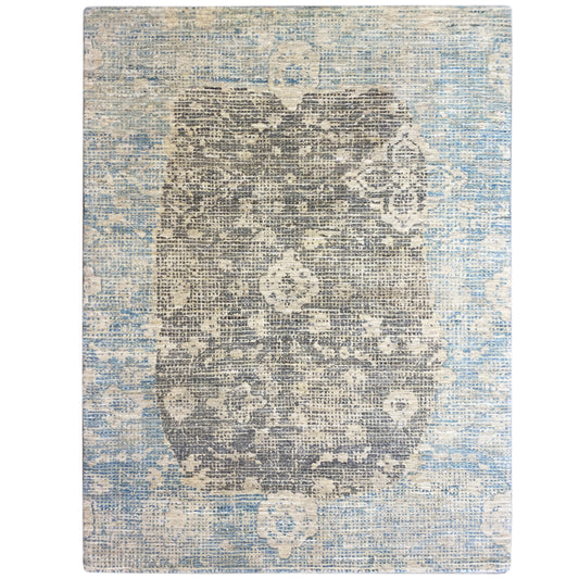 Tapis rectangulaire à motifs bleu-gris délavés, tissé à plat