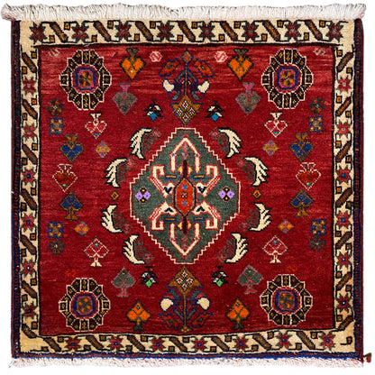 Tapis Poshti 58x57 cm, tapis noué rouge à motif géométrique et franges