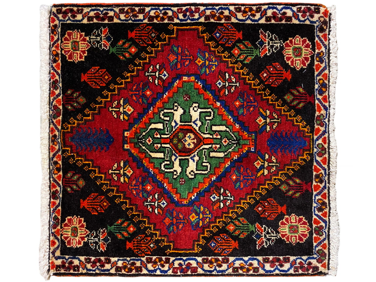 Tapis Poshti 56x56 cm, motif carré avec champ central vert et bleu