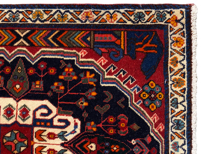 Bordure de tapis Poshti en gros plan, avec des ornements colorés et un champ intérieur sombre