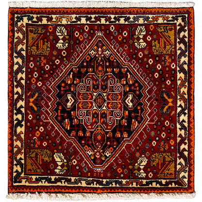 Tapis Poshti 60x60 cm, motif rouge avec bord orange et franges
