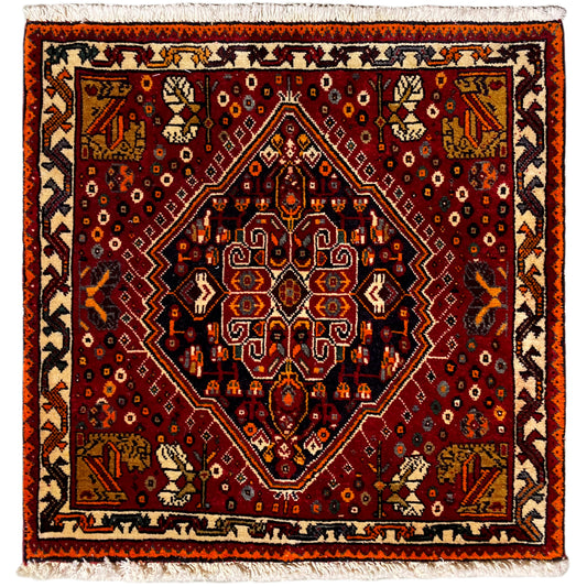 Tapis Poshti 60x60 cm, motif rouge avec bord orange et franges