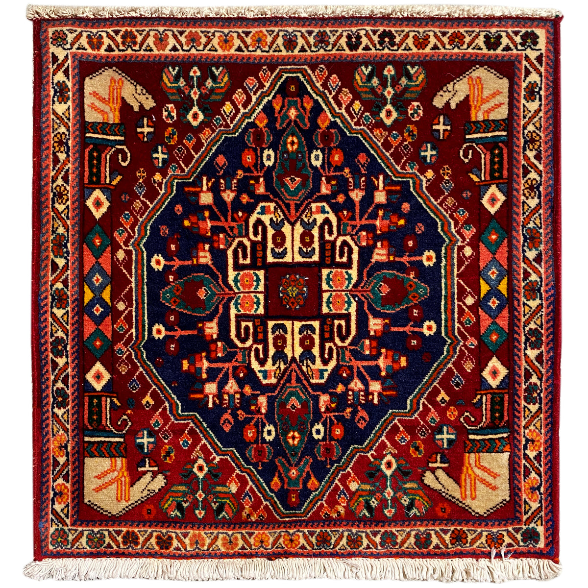 Tapis Poshti 64x64 cm, carré, bordeaux avec ornement bleu, franges