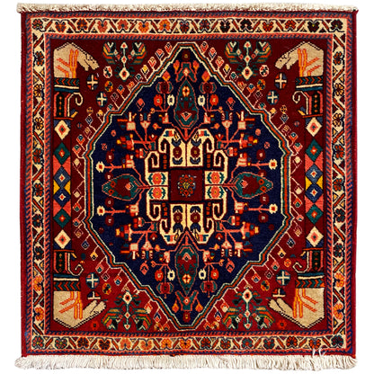 Tapis Poshti 64x64 cm, carré, bordeaux avec ornement bleu, franges