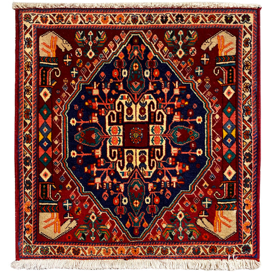 Tapis Poshti 64x64 cm, carré, bordeaux avec ornement bleu, franges