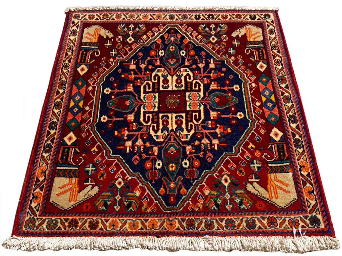 Tapis Poshti 64x64 cm, carré, vue pivotée, bordeaux et bleu foncé, franges