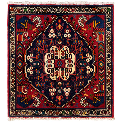 Tapis Poshti 66x62 cm : motif géométrique bleu/rouge avec franges