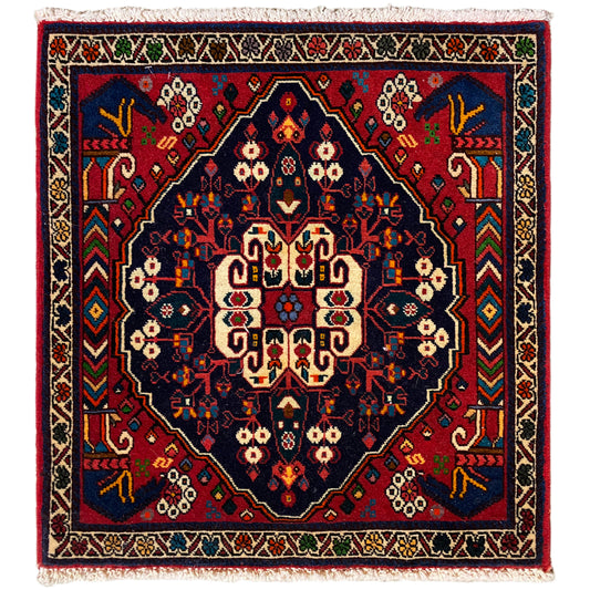 Tapis Poshti 66x62 cm : motif géométrique bleu/rouge avec franges