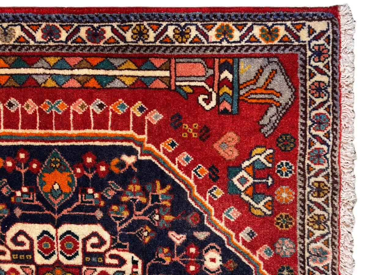 Détail du tapis : champ ornemental rouge et bleu avec bordure multicolore et franges