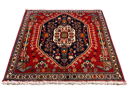 Tapis à fond rouge, médaillon bleu foncé, ornement symétrique, rectangulaire