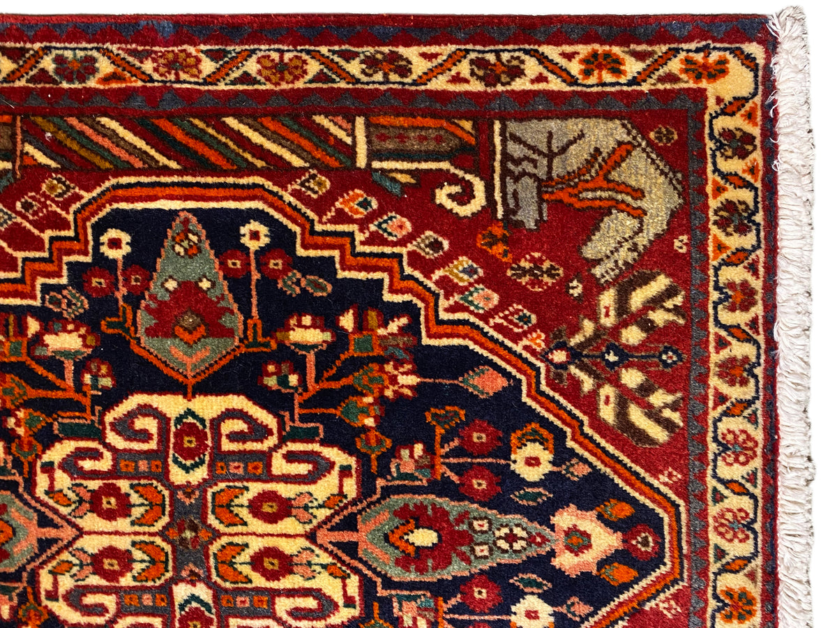 Tapis 65x59 cm en gros plan : bordure multicolore, ornements décoratifs, bord tissé