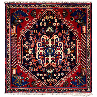 Tapis Poshti 66x63 cm bleu foncé et rouge, orné de motifs détaillés