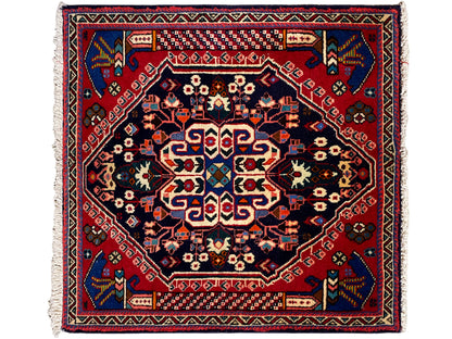 Tapis Poshti 66x63 cm avec bord rouge, bleu foncé et motif géométrique