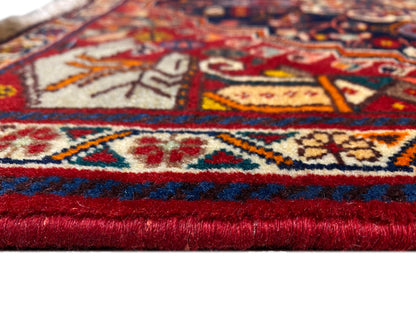 Détail de tapis sur l’ourlet : bordure rouge et bleue, motifs multicolores et franges courtes