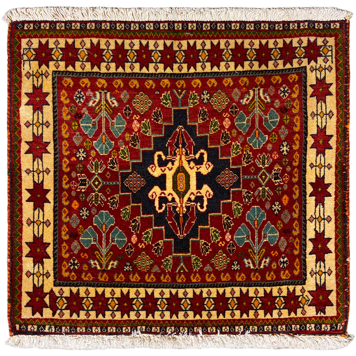 Tapis Poshti, 60x58 cm, motif rouge avec médaillon noir et franges