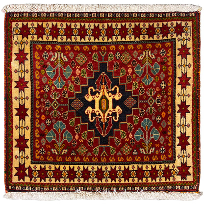 Tapis Poshti, 60x58 cm, motif rouge avec médaillon noir et franges