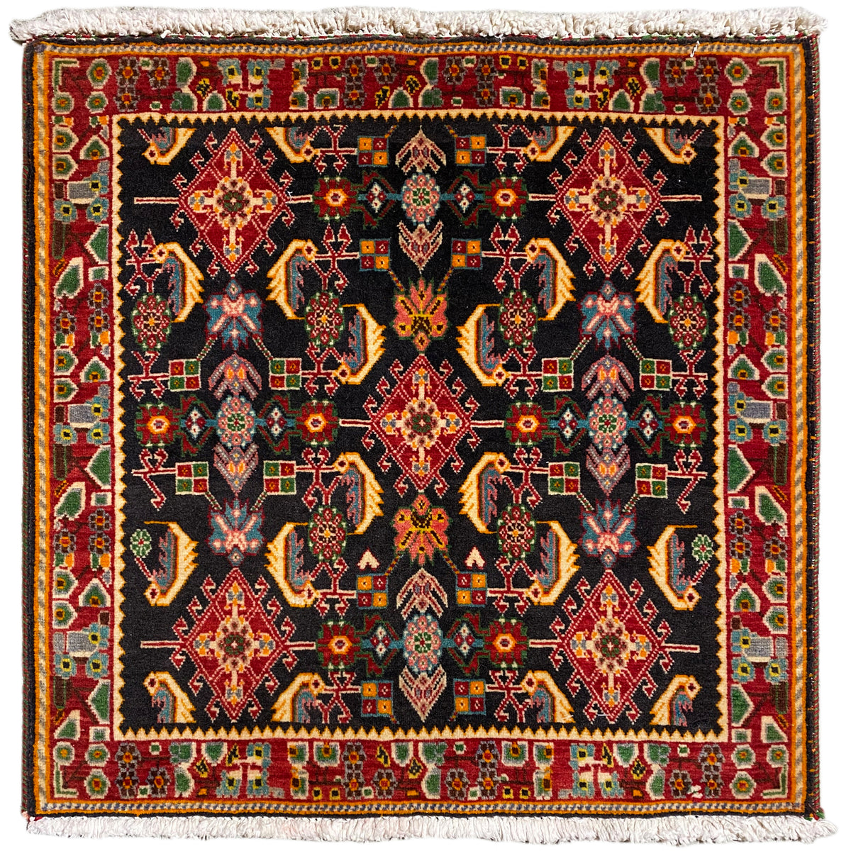 Tapis Poshti à motif géométrique : noir, tons rouges, jaunes et verts, 66x65 cm