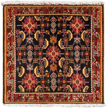 Tapis Poshti à motif géométrique : noir, tons rouges, jaunes et verts, 66x65 cm