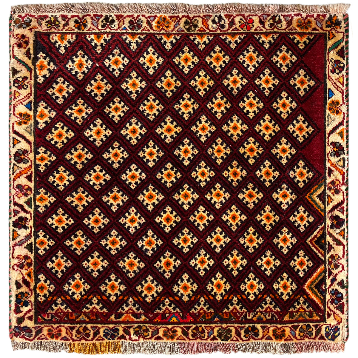Tapis persan 61x59 cm : design carré à motif géométrique, rouge foncé et multicolore