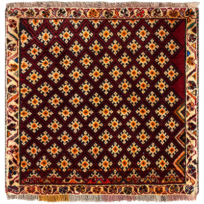 Tapis persan 61x59 cm : design carré à motif géométrique, rouge foncé et multicolore