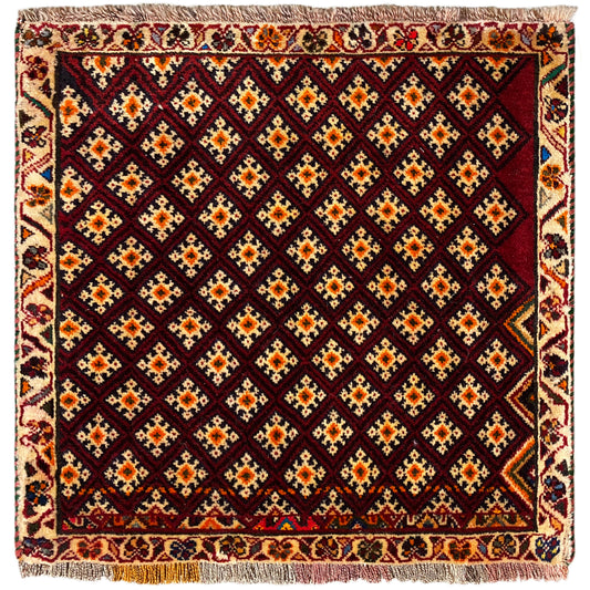 Tapis persan 61x59 cm : design carré à motif géométrique, rouge foncé et multicolore