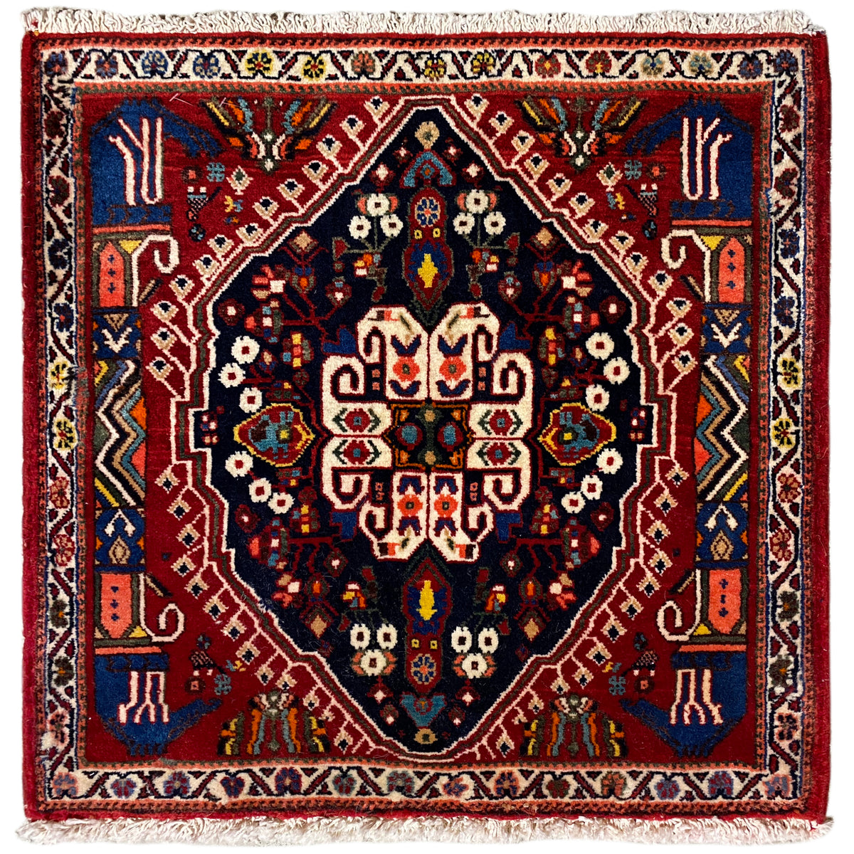 Tapis Poshti à motif bleu foncé et bordures rouges, rectangulaire, à franges