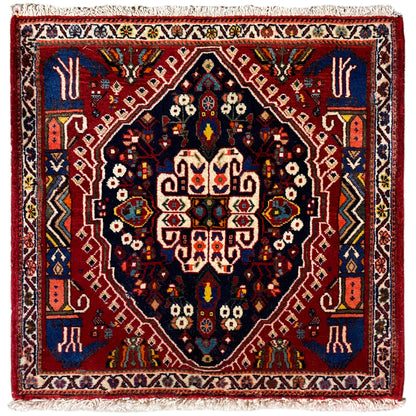 Tapis Poshti à motif bleu foncé et bordures rouges, rectangulaire, à franges