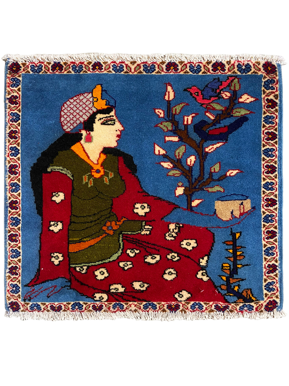 Tapis Poshti 65x63 cm à motif oriental, fond bleu et franges