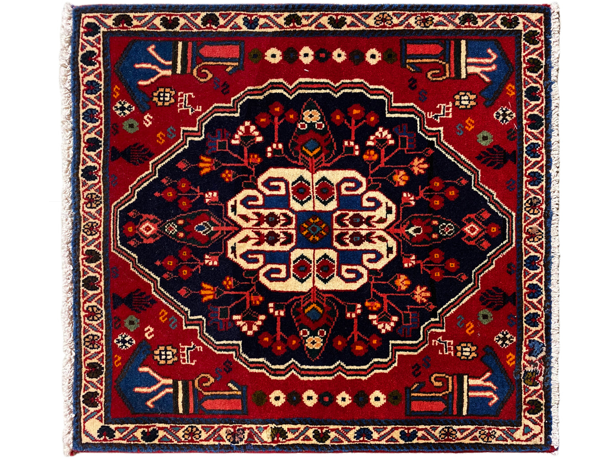 Tapis rouge et bleu foncé avec grand motif central, carré, 68x64 cm