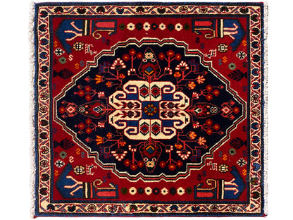 Tapis rouge et bleu foncé avec grand motif central, carré, 68x64 cm