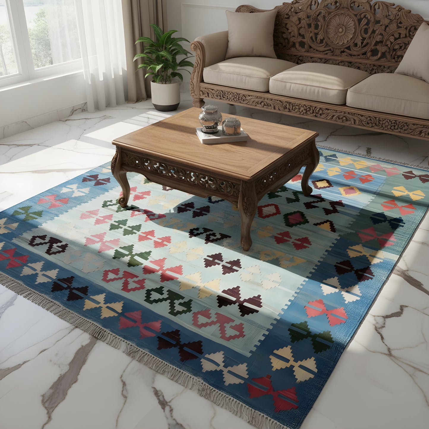 Wohnzimmer Blauer Qashqai Kelim Teppich mit geometrischem Muster und bunten Akzenten