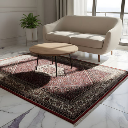 Wohnzimmer Traditioneller Bidjar Teppich in Rot und Elfenbein mit geometrischem Medaillon