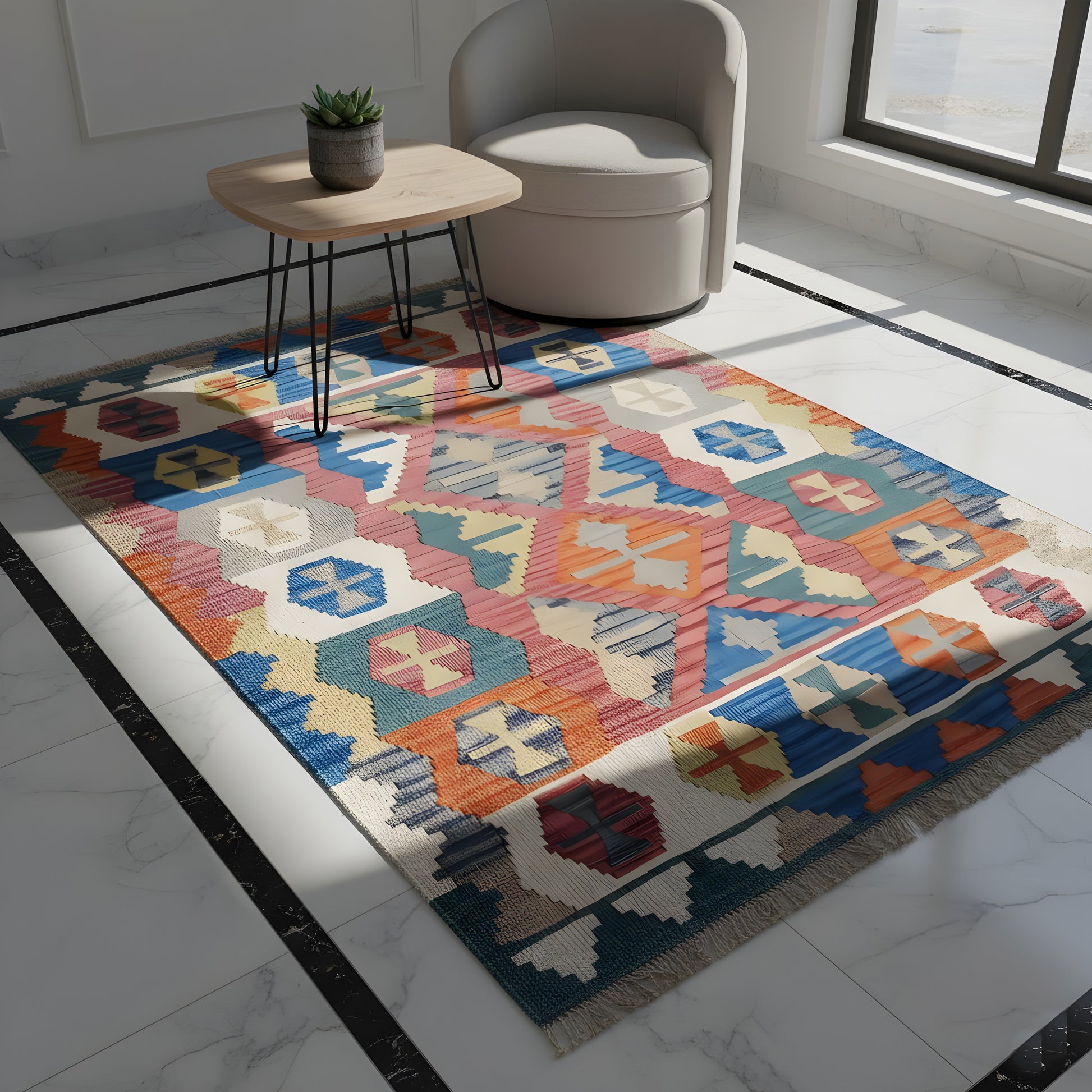 Wohnzimmer Qashqai Kelim aus 100% Naturwolle mit geometrischem Muster