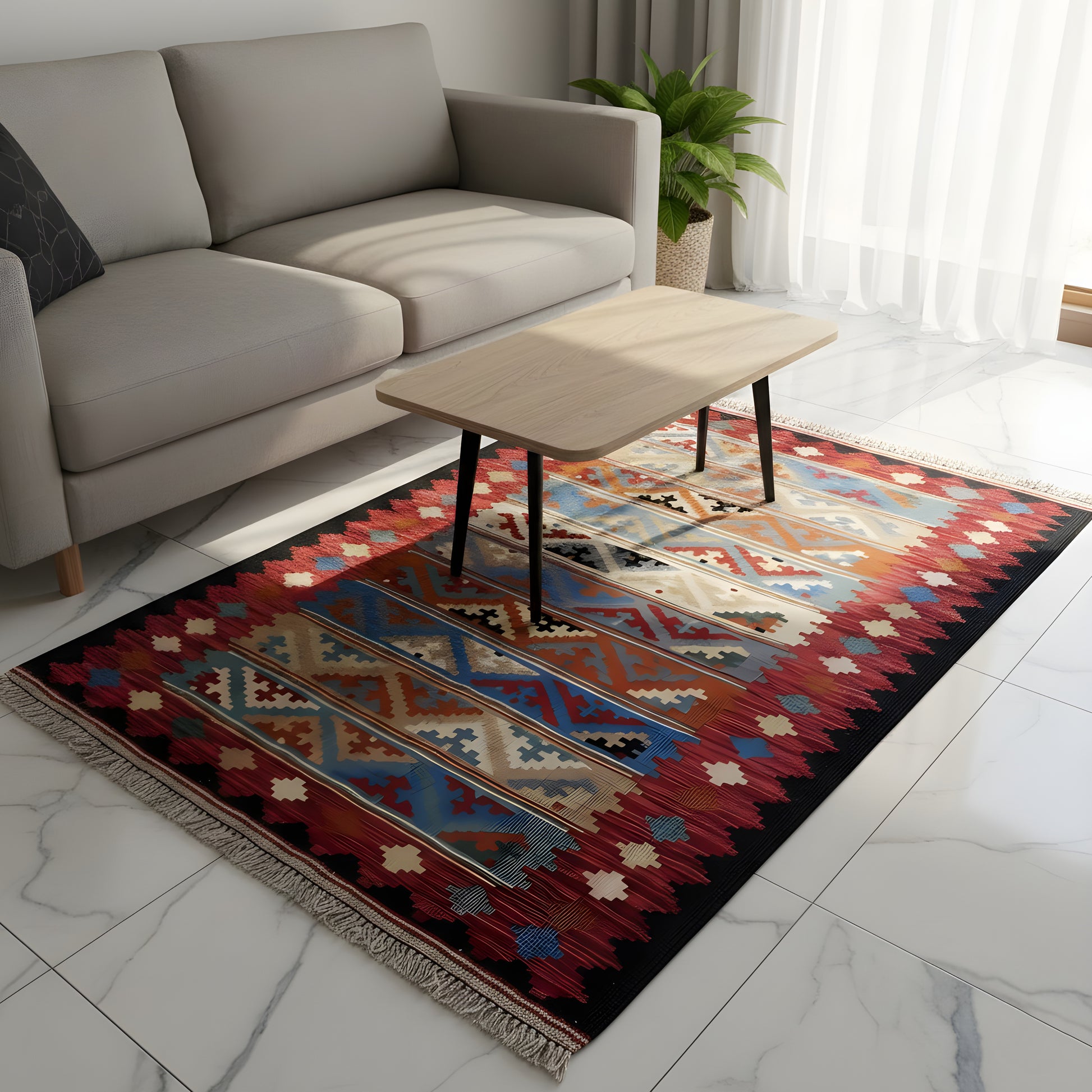 Wohnzimmer Handgewebter Qashqai Kelim Teppich in Rot mit geometrischem Zickzack-Design