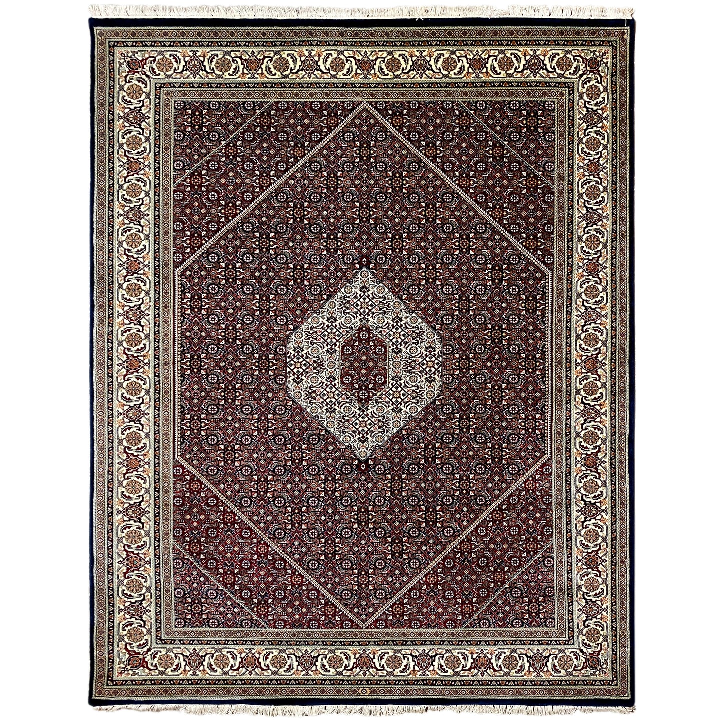 Handgeknüpfter Bidjar Teppich aus Wolle in Dunkelrot und Creme, 243x180 cm