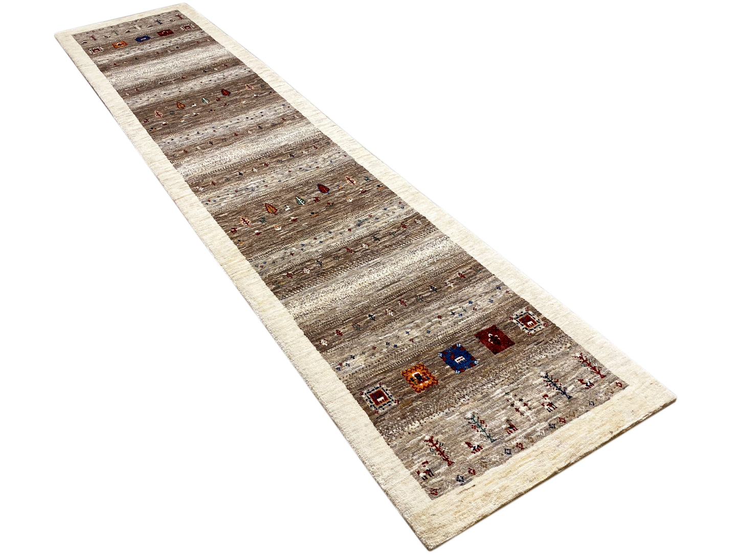 Moderner Gabbeh Woll Läufer mit Streifen und Ethno Motiven