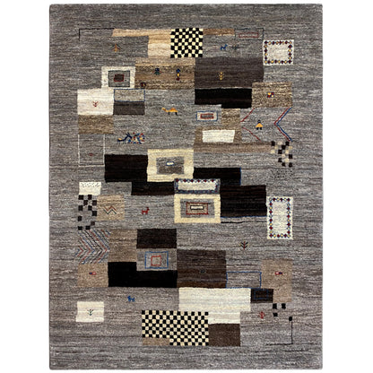 Grauer Gabbeh Wollteppich mit geometrischem Design