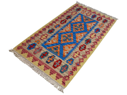 Ethno Kelim Teppich handgewebt, geometrisches Design mit dekorativer Bordüre